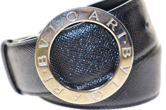 Bvlgari Leather Round Logo Buckle Silver Belt Black — view 2