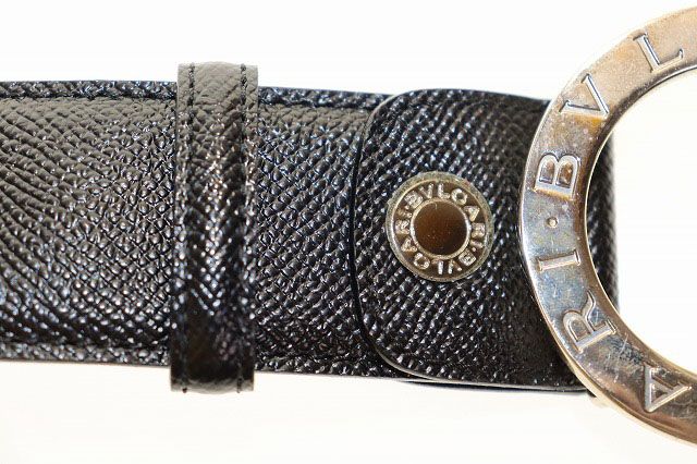 Bvlgari Leather Round Logo Buckle Silver Belt Black — view 7