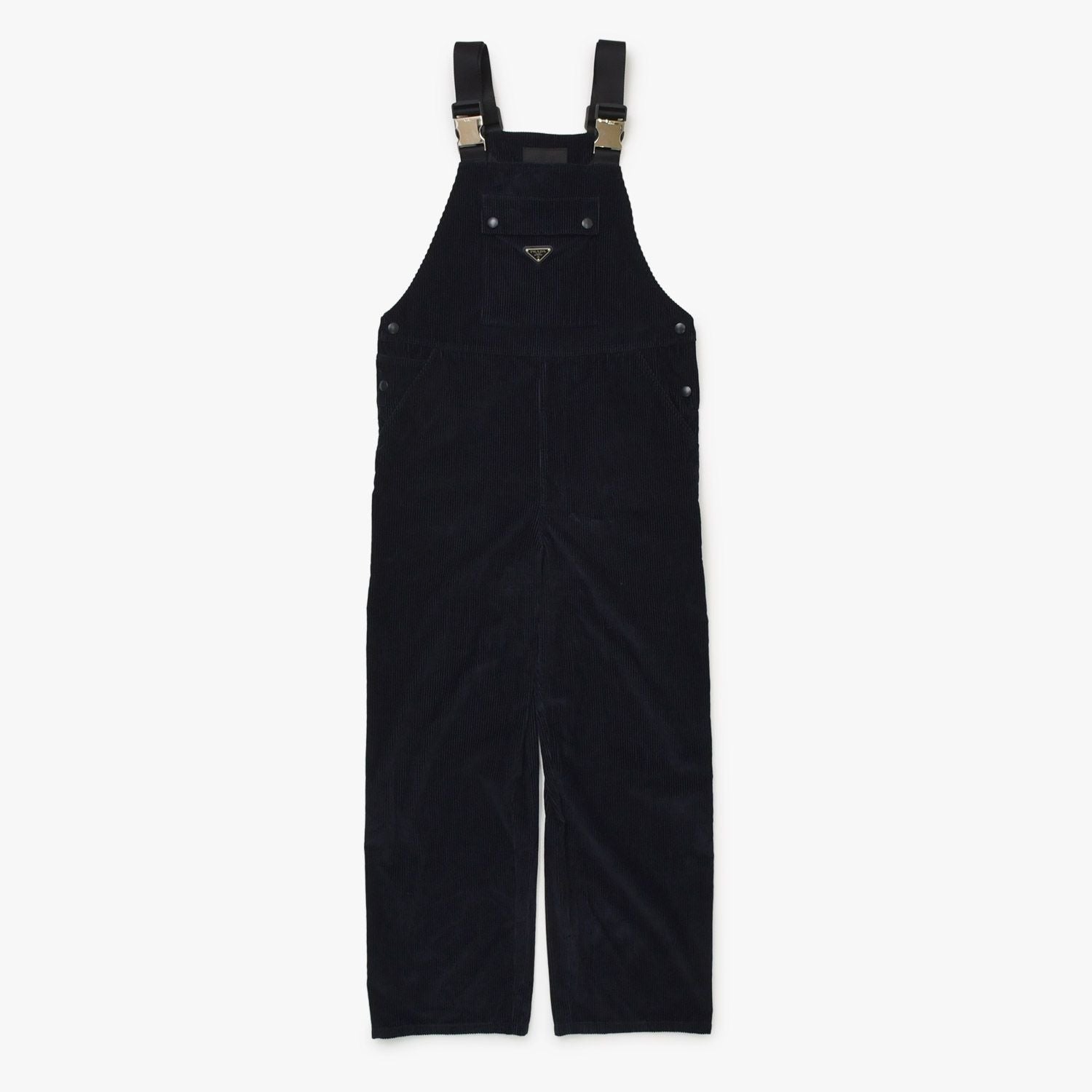 Prada Corduroy Overalls Fabric Navy Triangle Logo Shoulder Strap