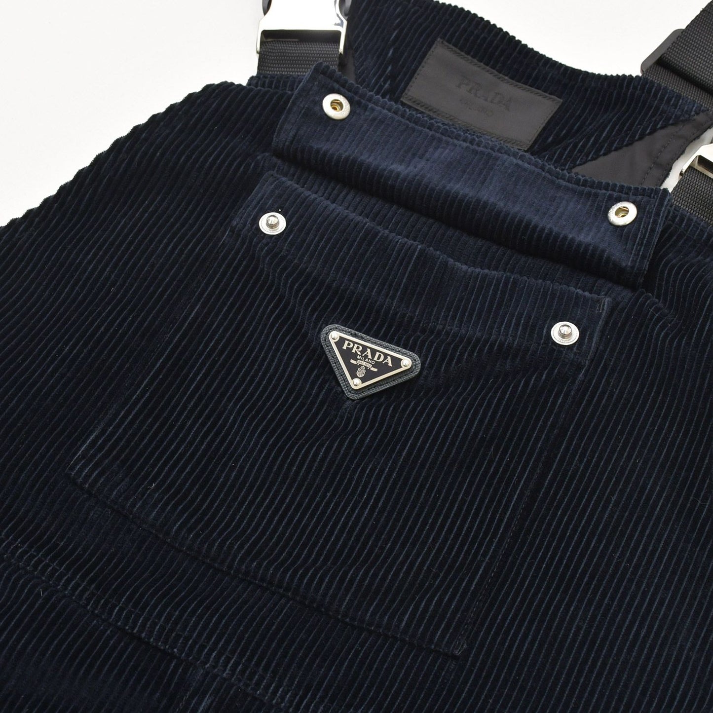 Prada Corduroy Overalls Fabric Navy Triangle Logo Shoulder Strap — view 6