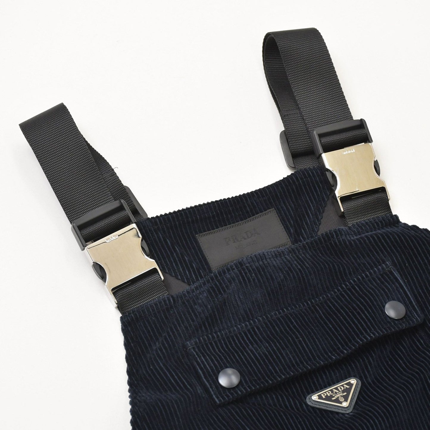 Prada Corduroy Overalls Fabric Navy Triangle Logo Shoulder Strap — view 3