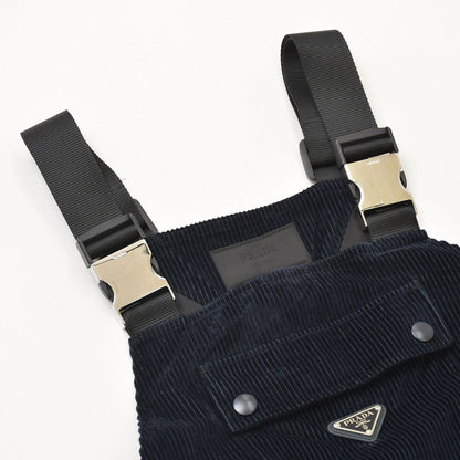 Prada Corduroy Overalls Fabric Navy Triangle Logo Shoulder Strap — view 3