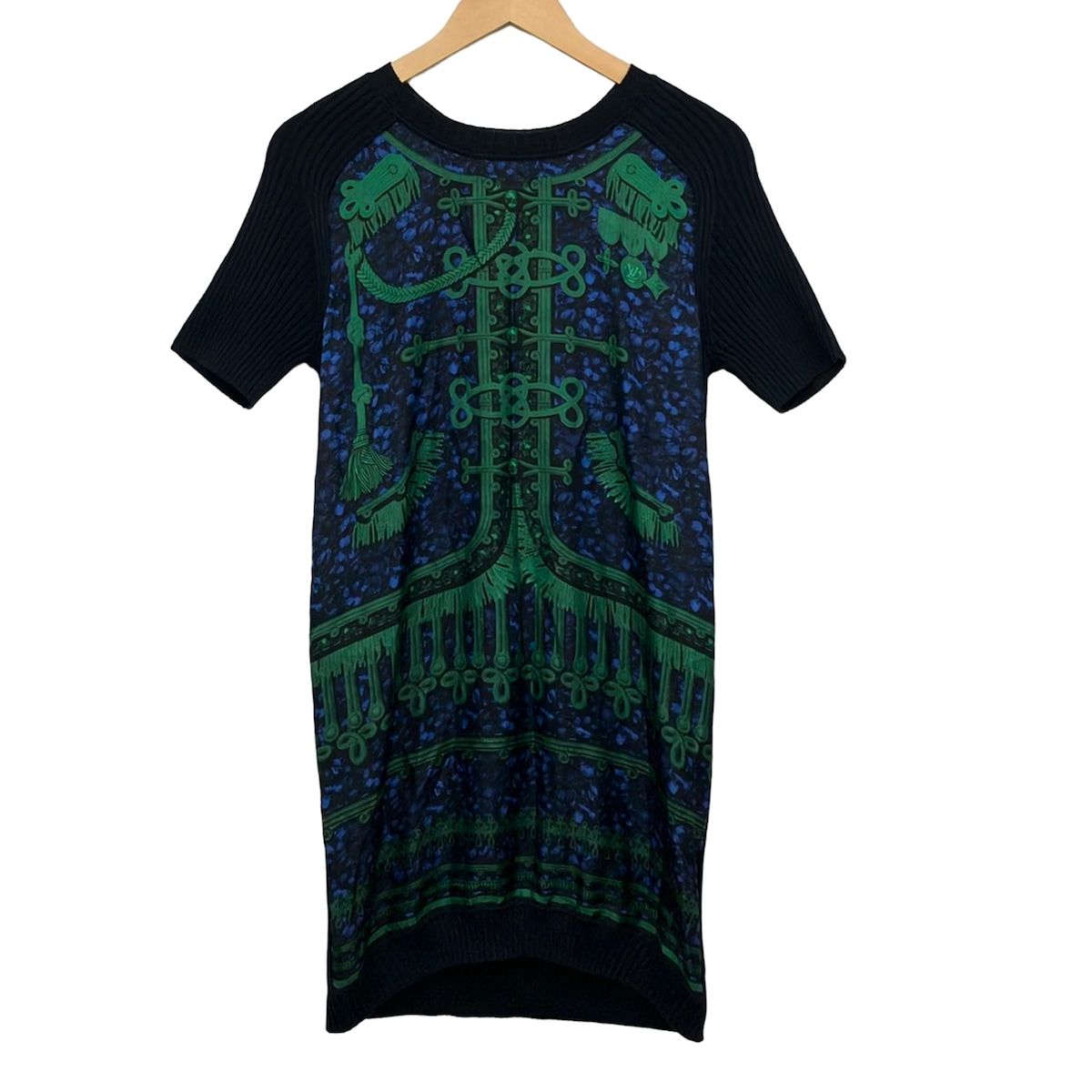 Louis Vuitton Dress S Dark Navy Green Multi Crew Neck Short Sleeve Knee Length