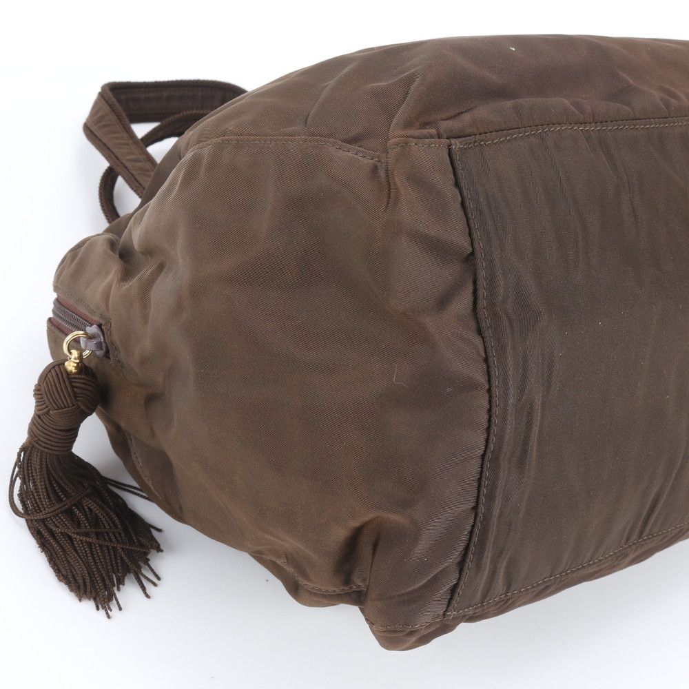 Prada Tessuto Nylon Logo Embroidery Tassel Handbag Tote Brown — view 6