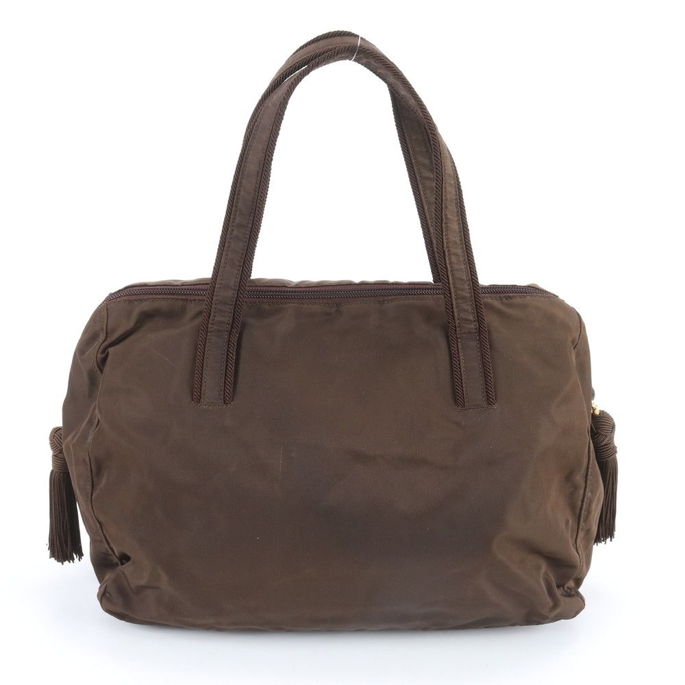 Prada Tessuto Nylon Logo Embroidery Tassel Handbag Tote Brown — view 3
