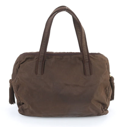 Prada Tessuto Nylon Logo Embroidery Tassel Handbag Tote Brown — view 3