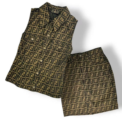 Fendi Set Sleeveless Top Trapezoid Skirt Zucca Pattern FF Logo 42 Brown
