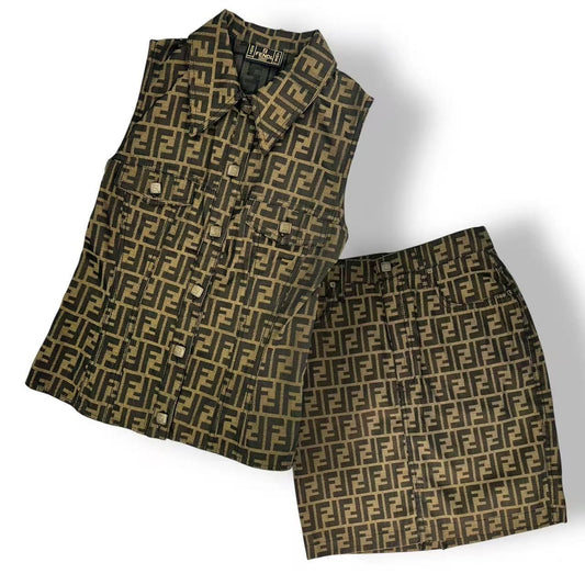 Fendi Set Sleeveless Top Trapezoid Skirt Zucca Pattern FF Logo 42 Brown