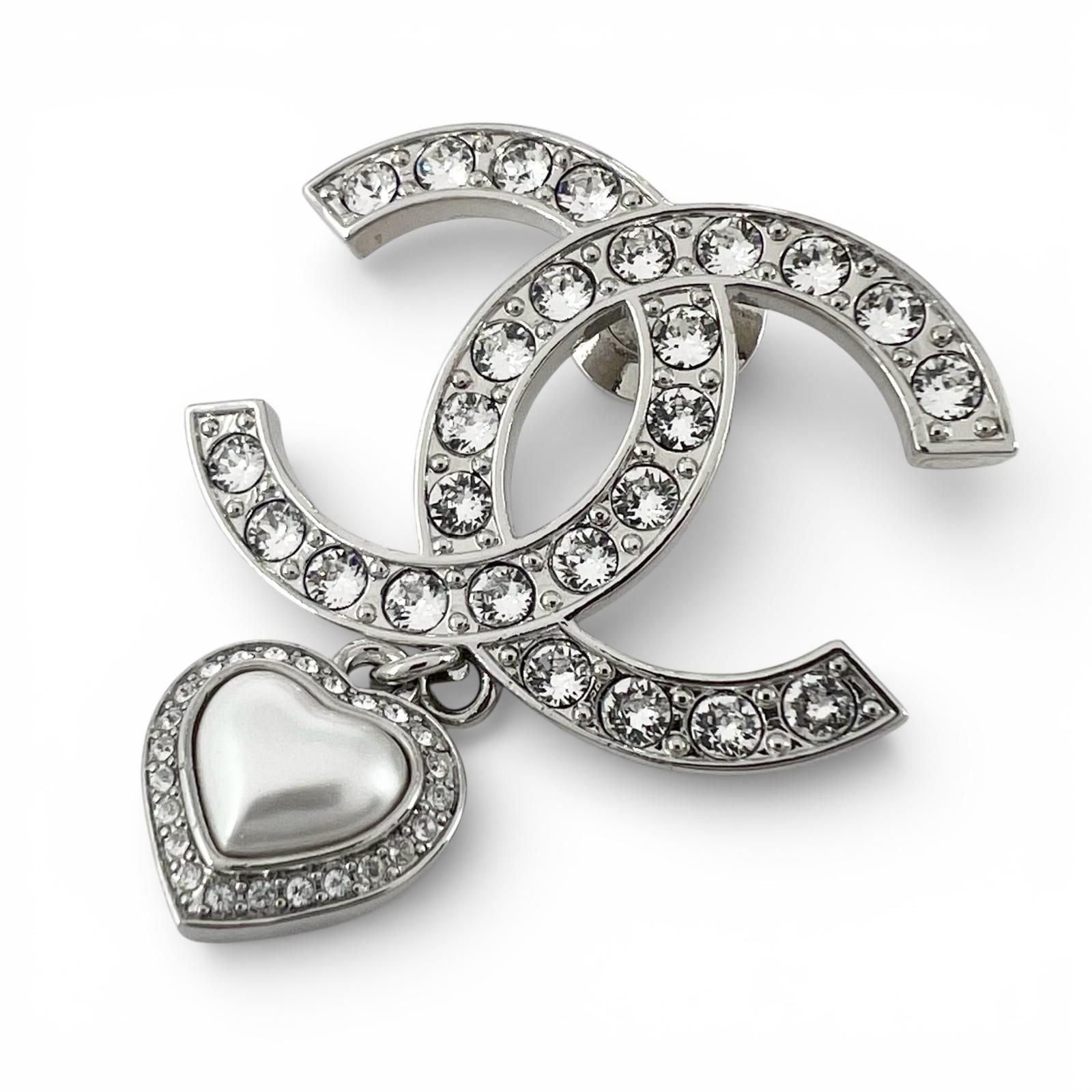 Chanel CC Logo Heart Rhinestone Pin Badge Brooch Silver