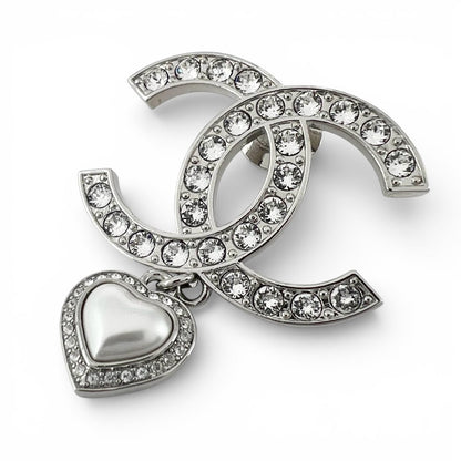 Chanel CC Logo Heart Rhinestone Pin Badge Brooch Silver