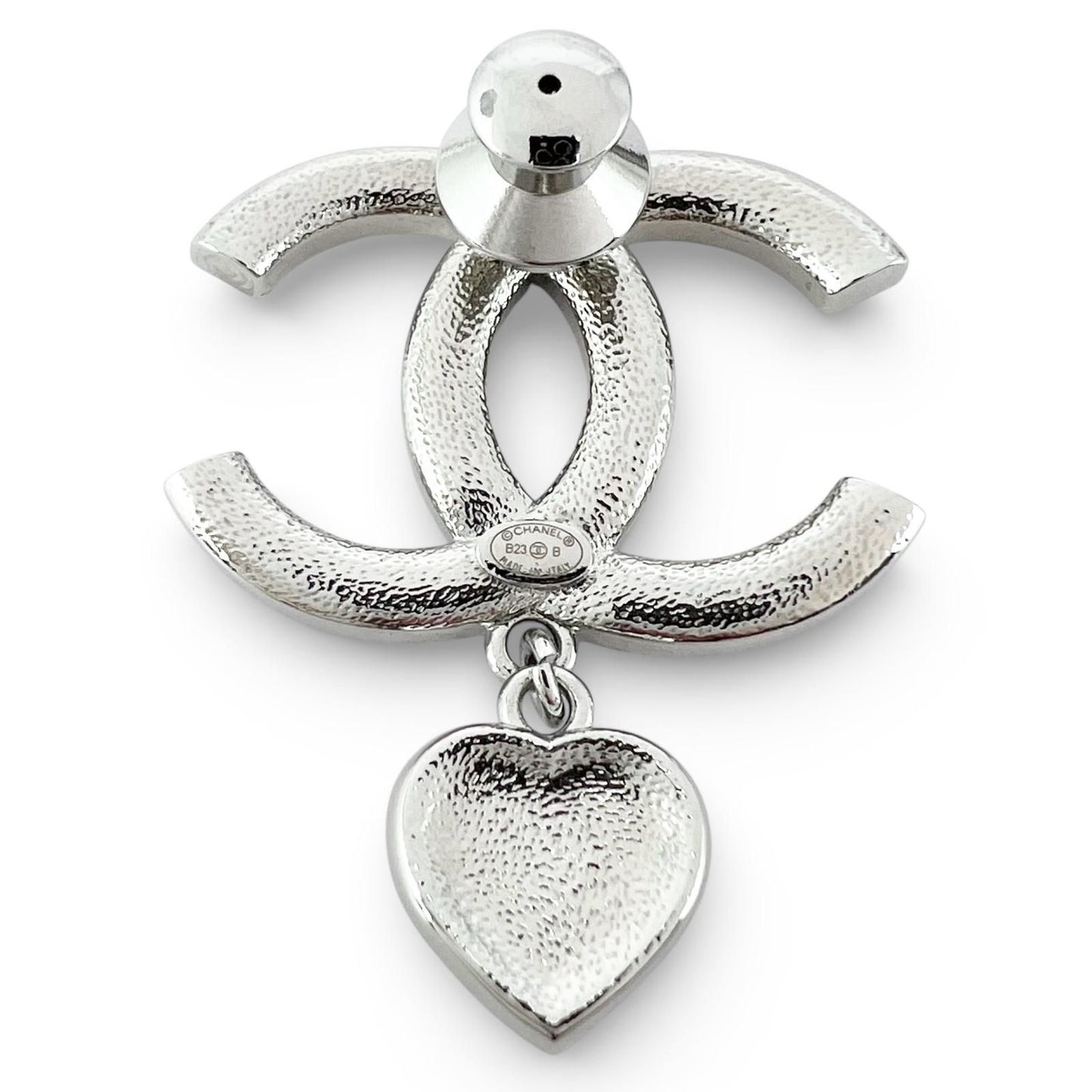 Chanel CC Logo Heart Rhinestone Pin Badge Brooch Silver — view 2