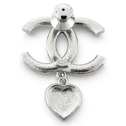 Chanel CC Logo Heart Rhinestone Pin Badge Brooch Silver — view 2