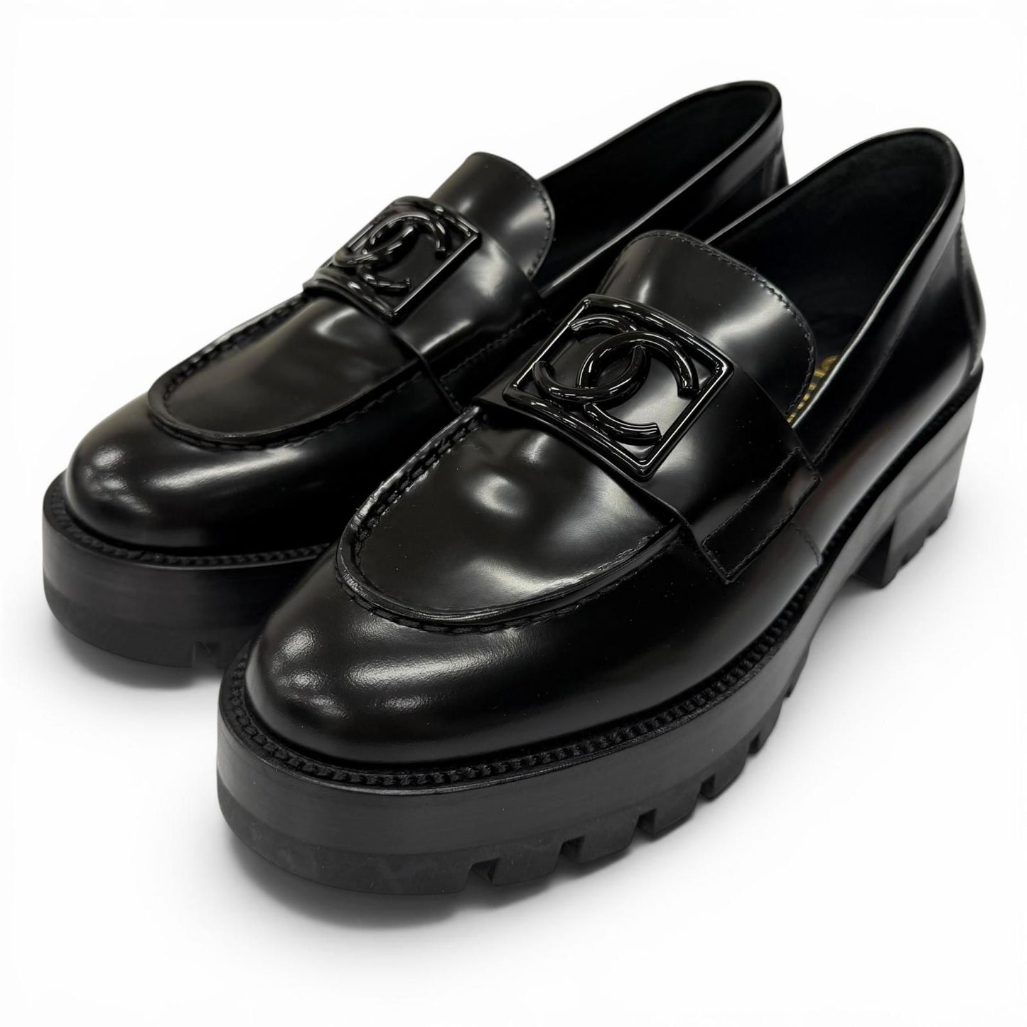 Chanel CC Logo Leather Loafers Shoes Black
