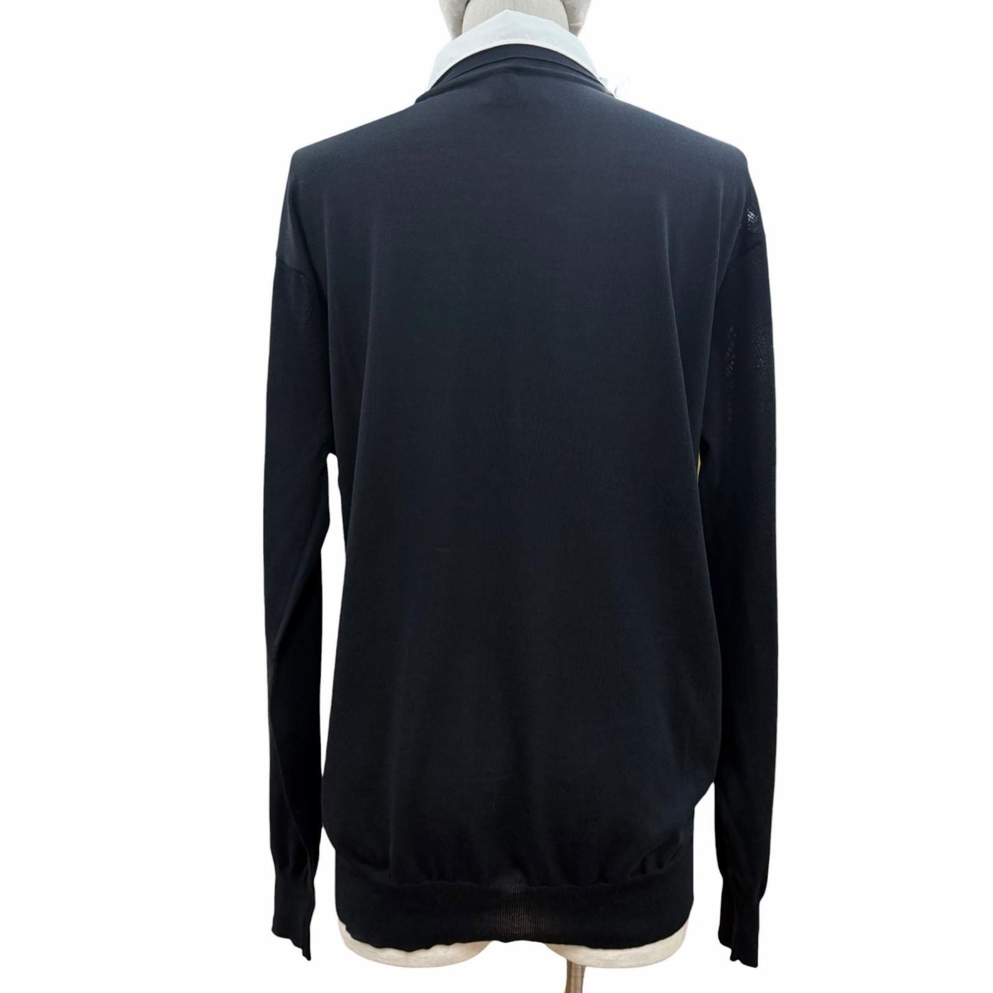 Prada Silk Cotton Collared 2-Way Long Sleeve Polo Shirt Knit Navy White 44 — view 4