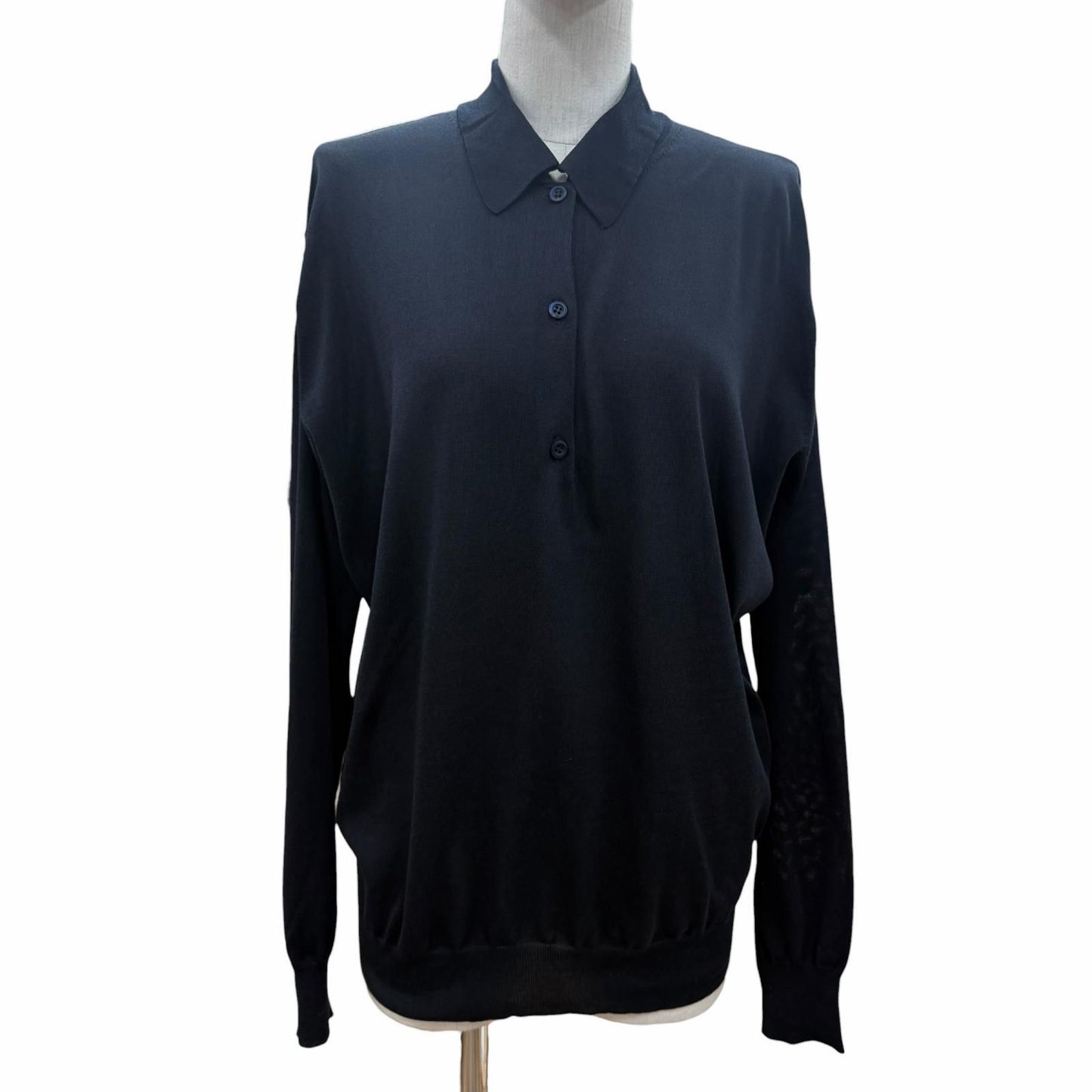Prada Silk Cotton Collared 2-Way Long Sleeve Polo Shirt Knit Navy White 44 — view 2