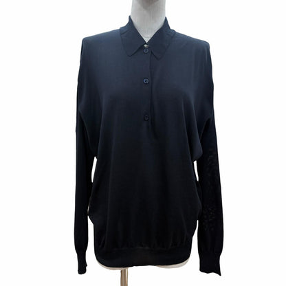 Prada Silk Cotton Collared 2-Way Long Sleeve Polo Shirt Knit Navy White 44 — view 2