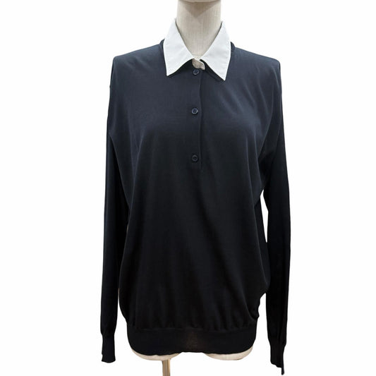 Prada Silk Cotton Collared 2-Way Long Sleeve Polo Shirt Knit Navy White 44