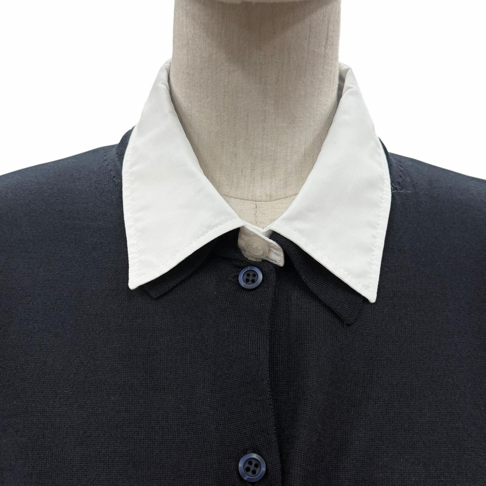 Prada Silk Cotton Collared 2-Way Long Sleeve Polo Shirt Knit Navy White 44 — view 5