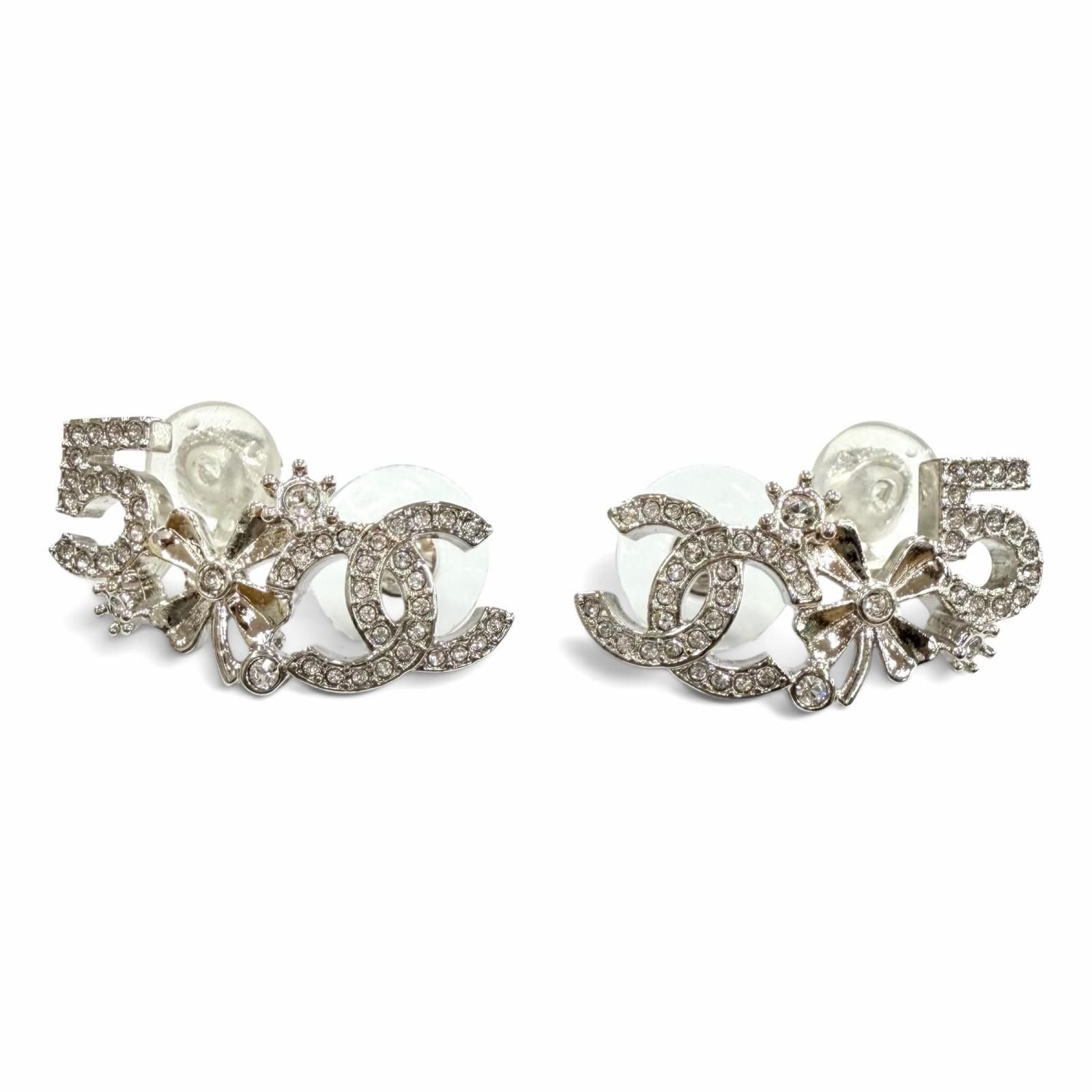 Chanel CC Logo Clover Rhinestone Earrings Silver