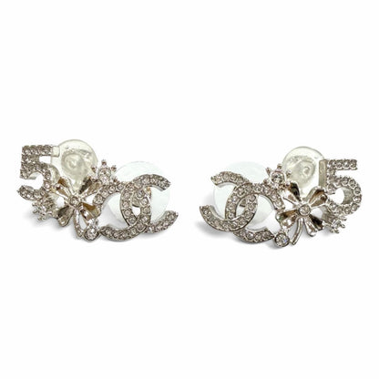 Chanel CC Logo Clover Rhinestone Earrings Silver