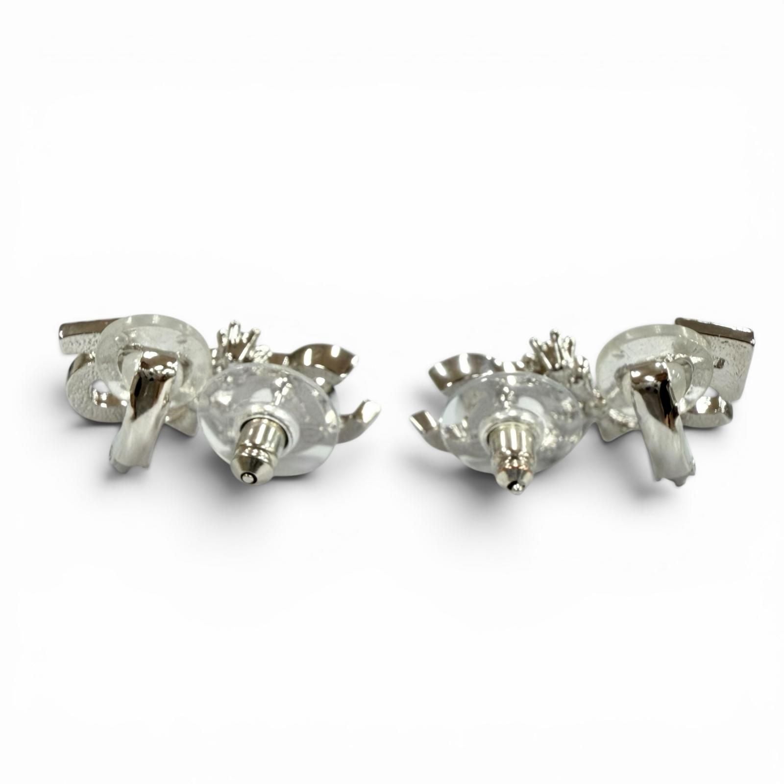 Chanel CC Logo Clover Rhinestone Earrings Silver — view 4