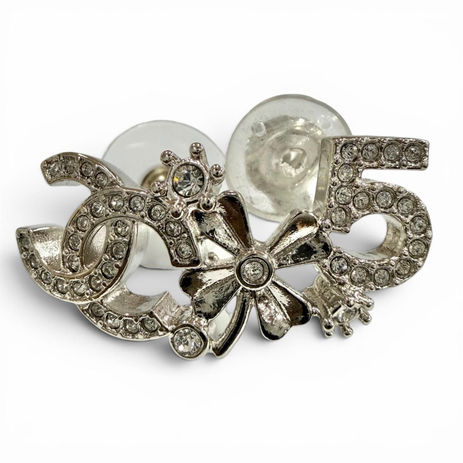 Chanel CC Logo Clover Rhinestone Earrings Silver — view 5