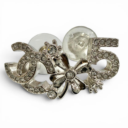 Chanel CC Logo Clover Rhinestone Earrings Silver — view 5