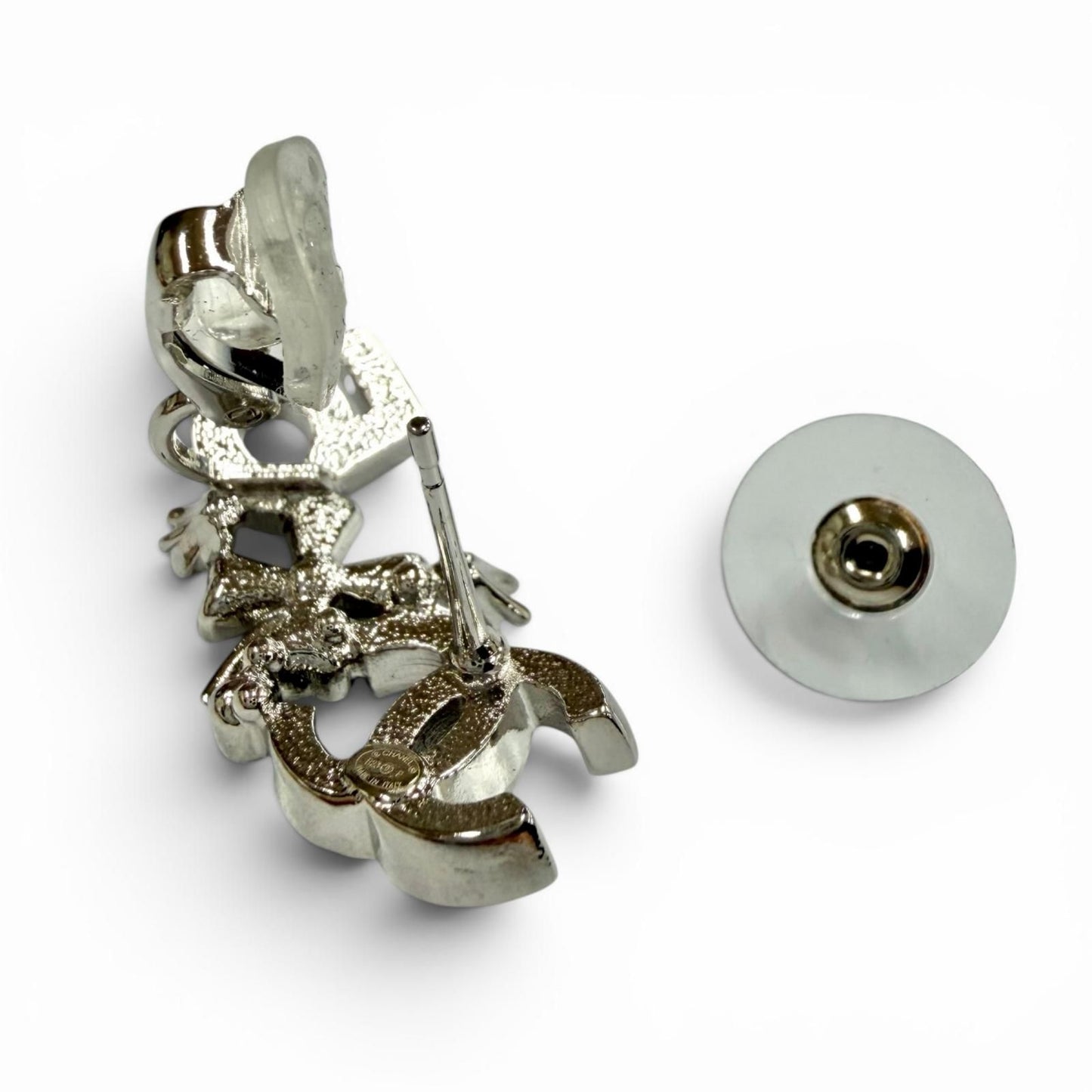 Chanel CC Logo Clover Rhinestone Earrings Silver — view 6