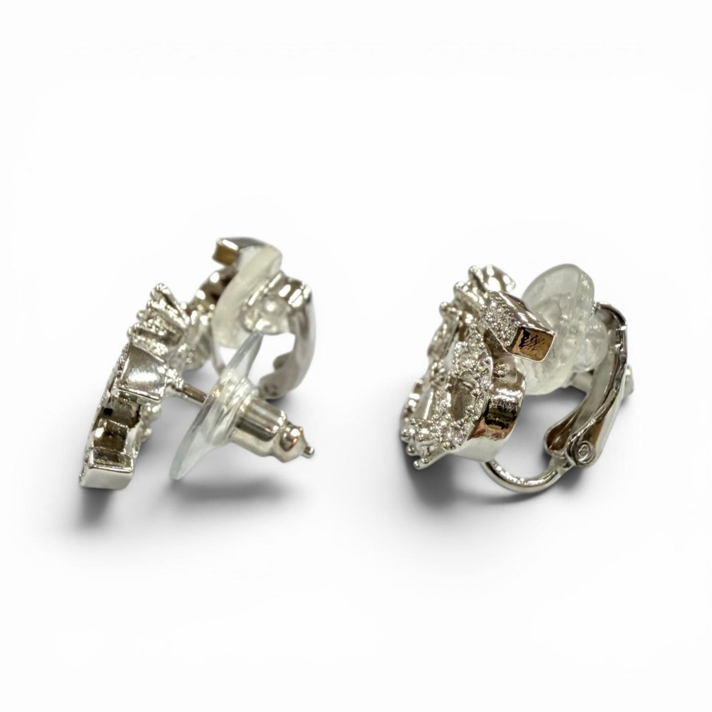 Chanel CC Logo Clover Rhinestone Earrings Silver — view 3
