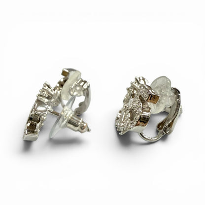 Chanel CC Logo Clover Rhinestone Earrings Silver — view 3