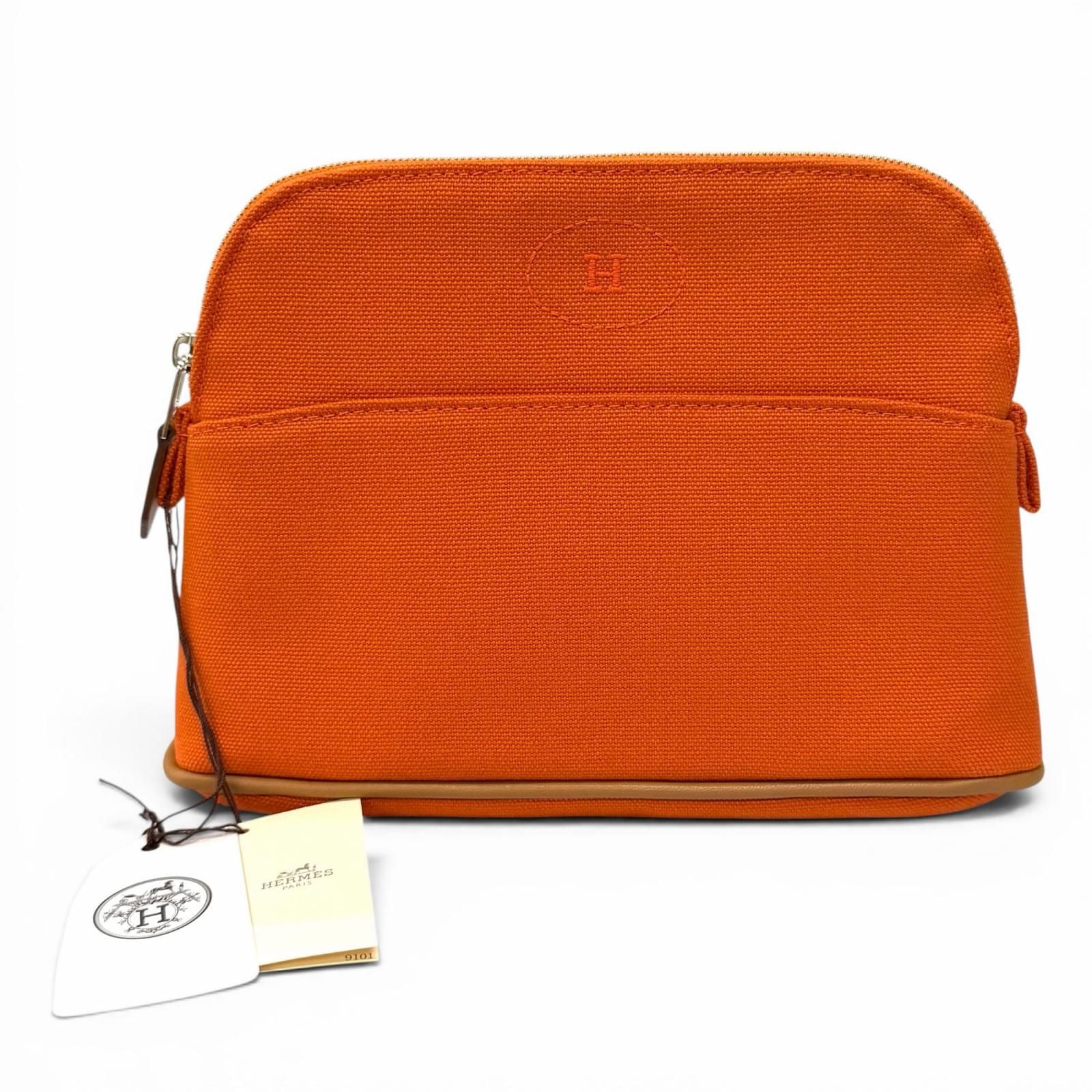 Hermes Bolide Pouch Cotton 100% Silver Embroidered Makeup Orange
