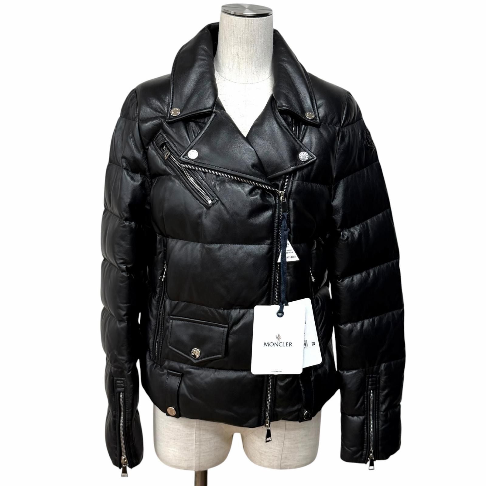 Moncler Adib Logo Button Zip UP Leather Down Jacket Black 1 Garment Hanger