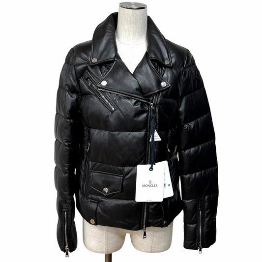 Moncler Adib Logo Button Zip UP Leather Down Jacket Black 1 Garment Hanger