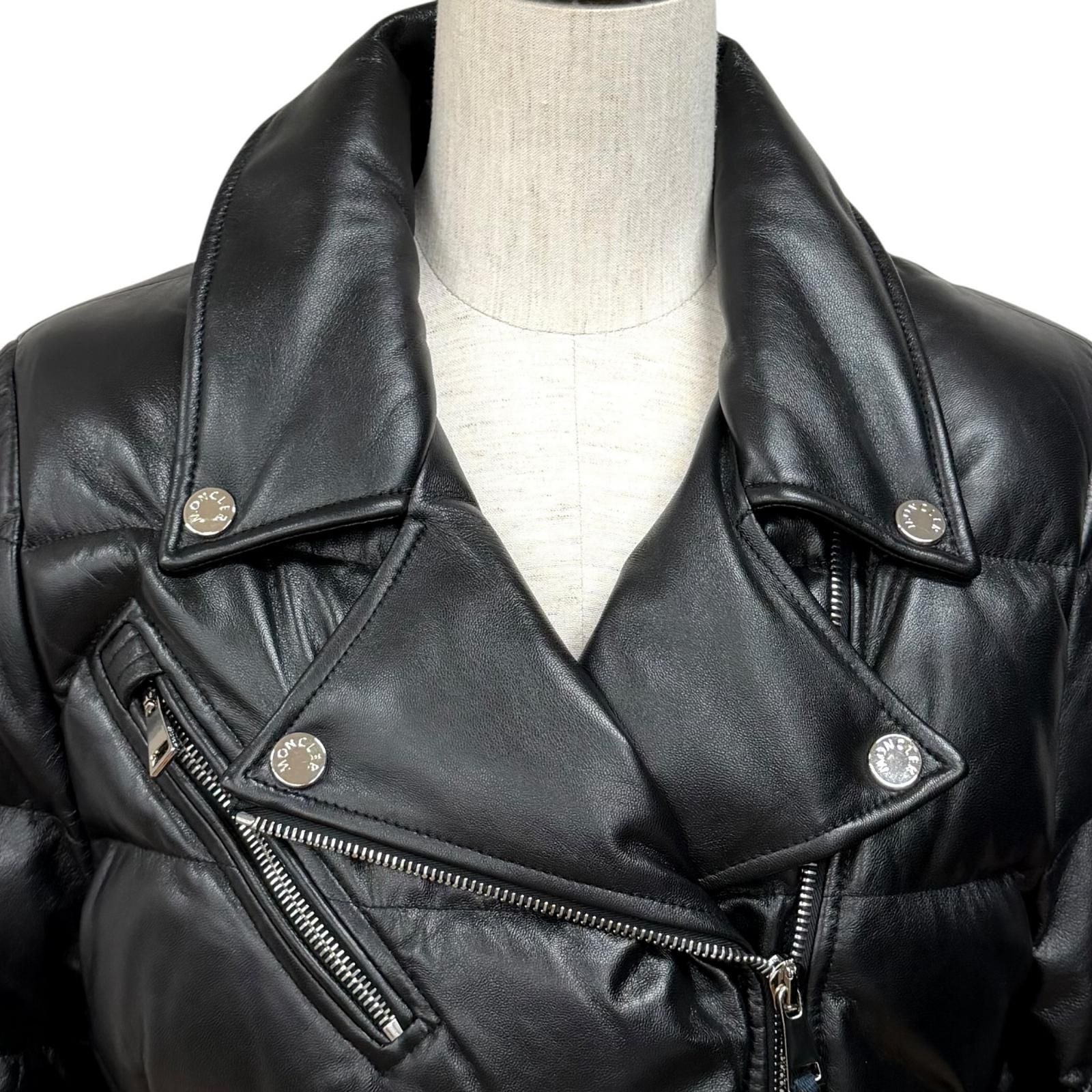 Moncler Adib Logo Button Zip UP Leather Down Jacket Black 1 Garment Hanger — view 4