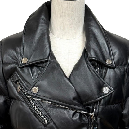Moncler Adib Logo Button Zip UP Leather Down Jacket Black 1 Garment Hanger — view 4