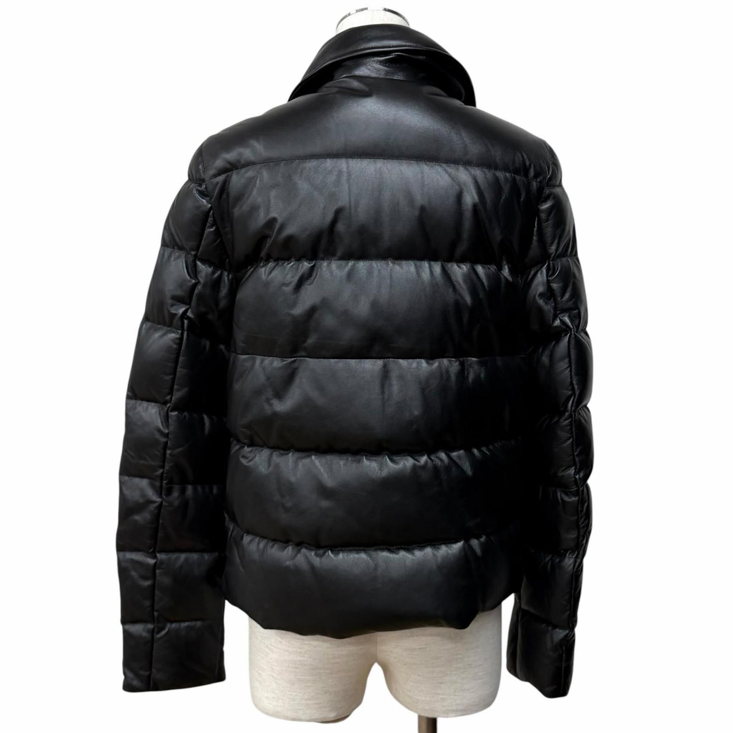 Moncler Adib Logo Button Zip UP Leather Down Jacket Black 1 Garment Hanger — view 3