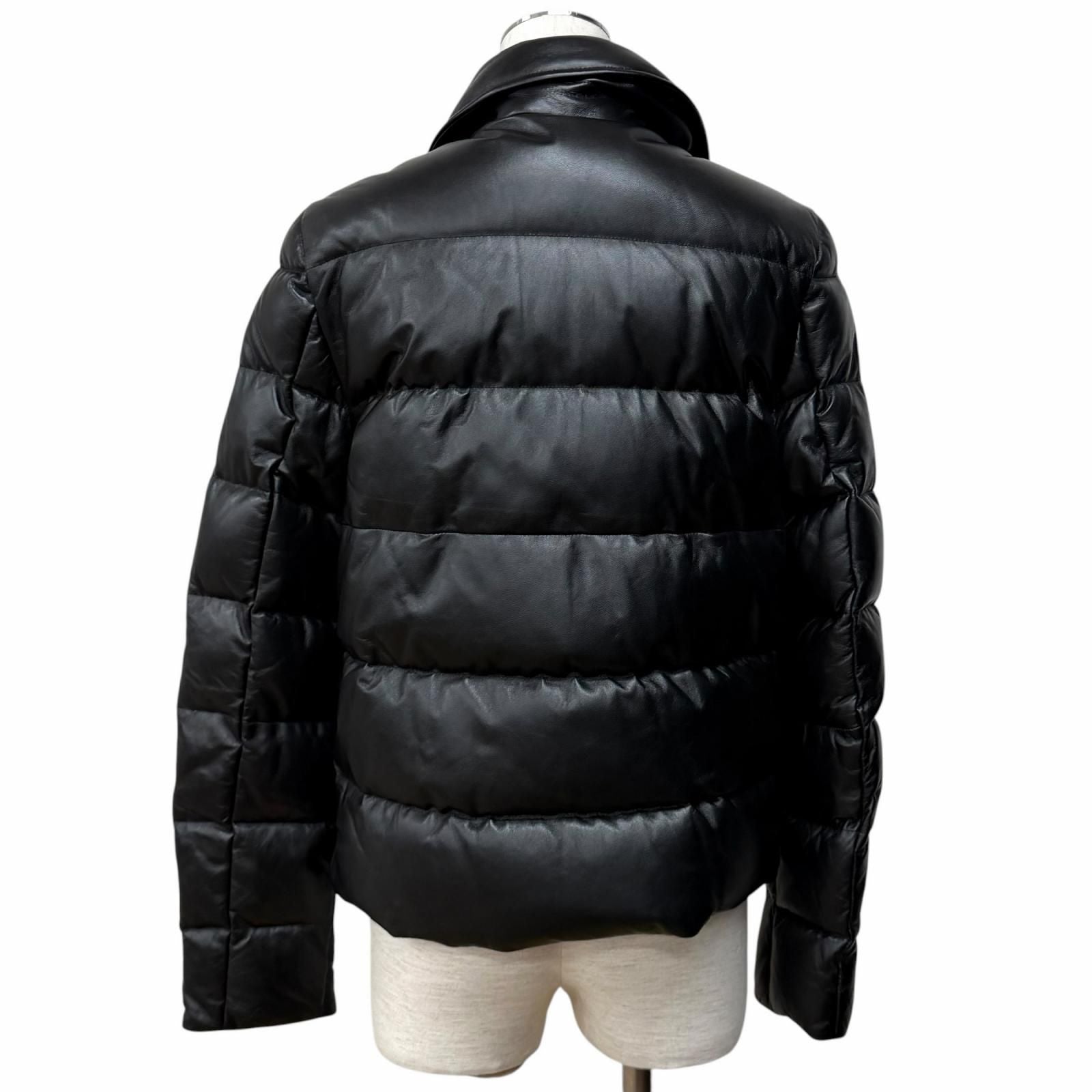 Moncler Adib Logo Button Zip UP Leather Down Jacket Black 1 Garment Hanger — view 3