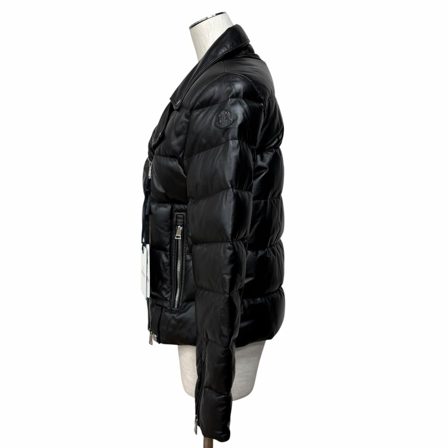 Moncler Adib Logo Button Zip UP Leather Down Jacket Black 1 Garment Hanger — view 2