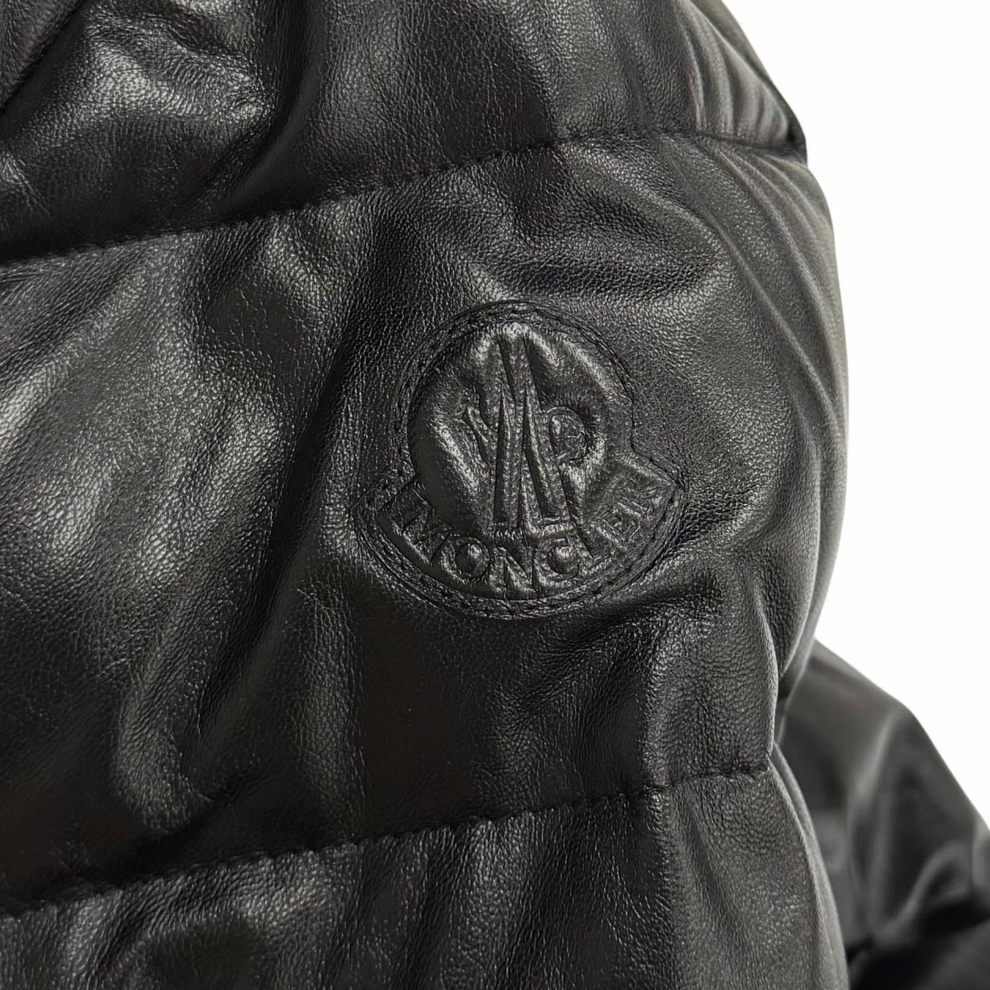 Moncler Adib Logo Button Zip UP Leather Down Jacket Black 1 Garment Hanger — view 6