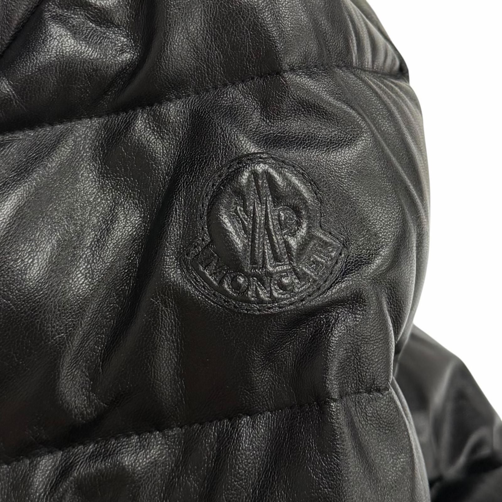 Moncler Adib Logo Button Zip UP Leather Down Jacket Black 1 Garment Hanger — view 6