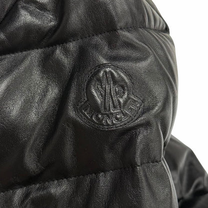 Moncler Adib Logo Button Zip UP Leather Down Jacket Black 1 Garment Hanger — view 6