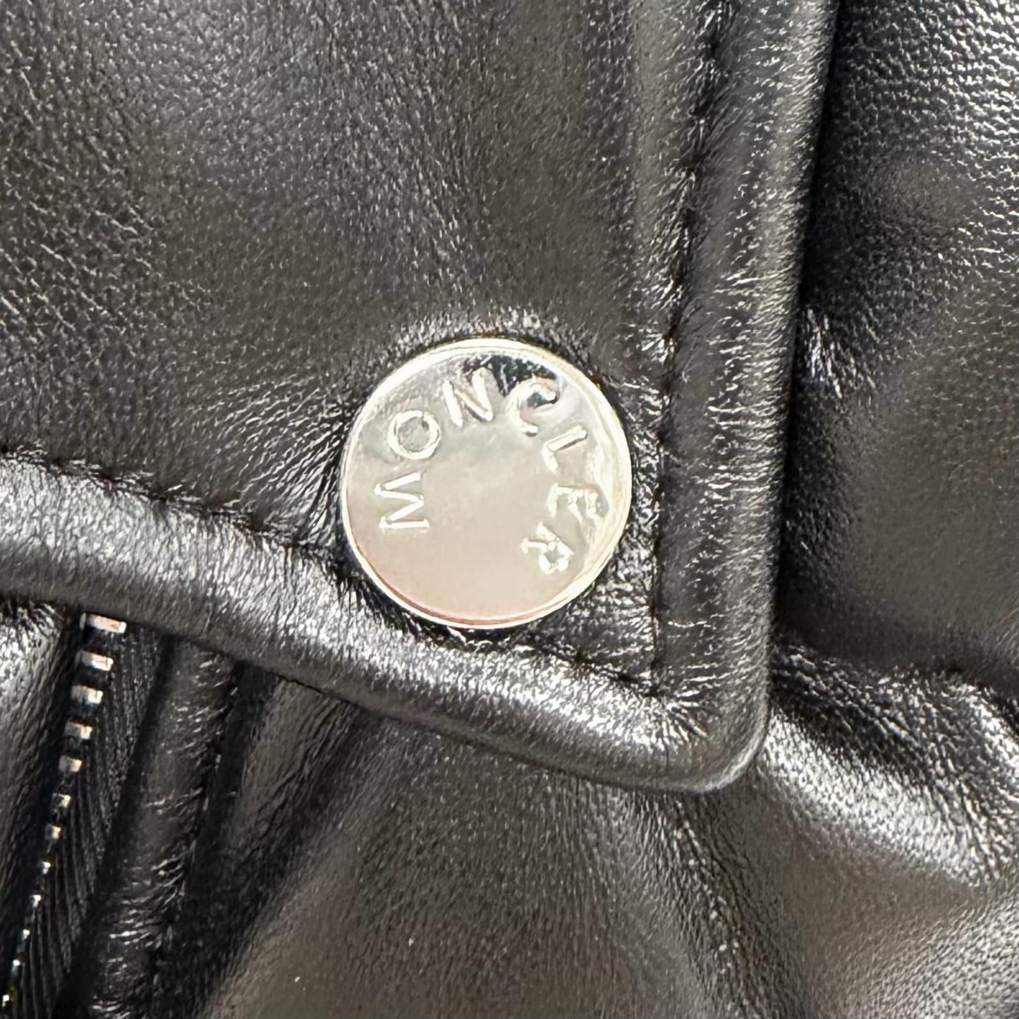 Moncler Adib Logo Button Zip UP Leather Down Jacket Black 1 Garment Hanger — view 8