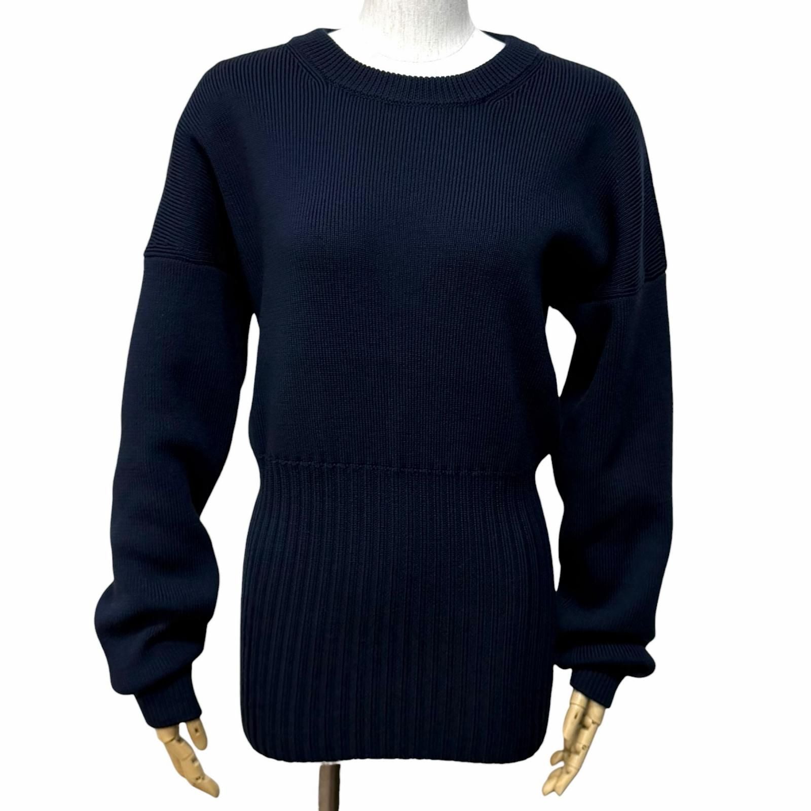 Loewe Wool Anag Lambskin Patch Crew Neck Long Sleeve Knit Navy Sweater