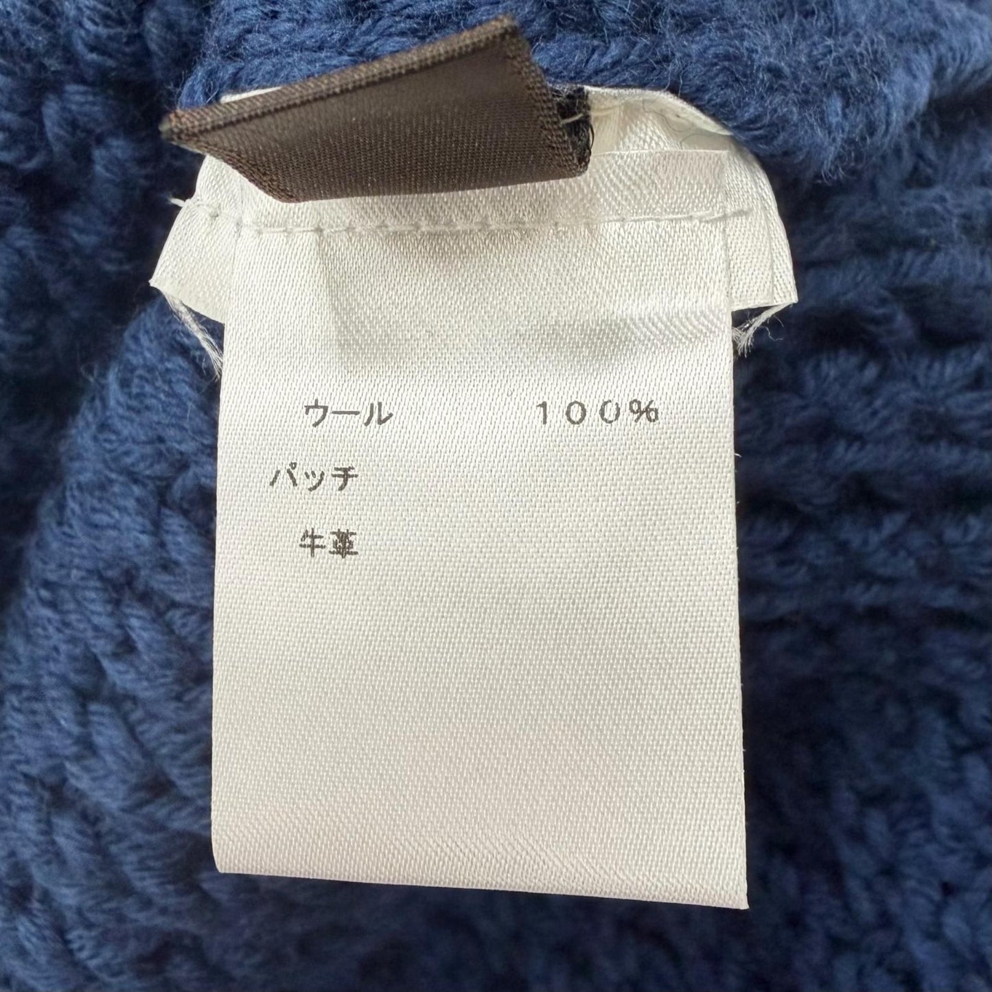 Louis Vuitton Wool Cowhide Waffle Knit Slit Gaston Leather Patch Neck Blue XL — view 8