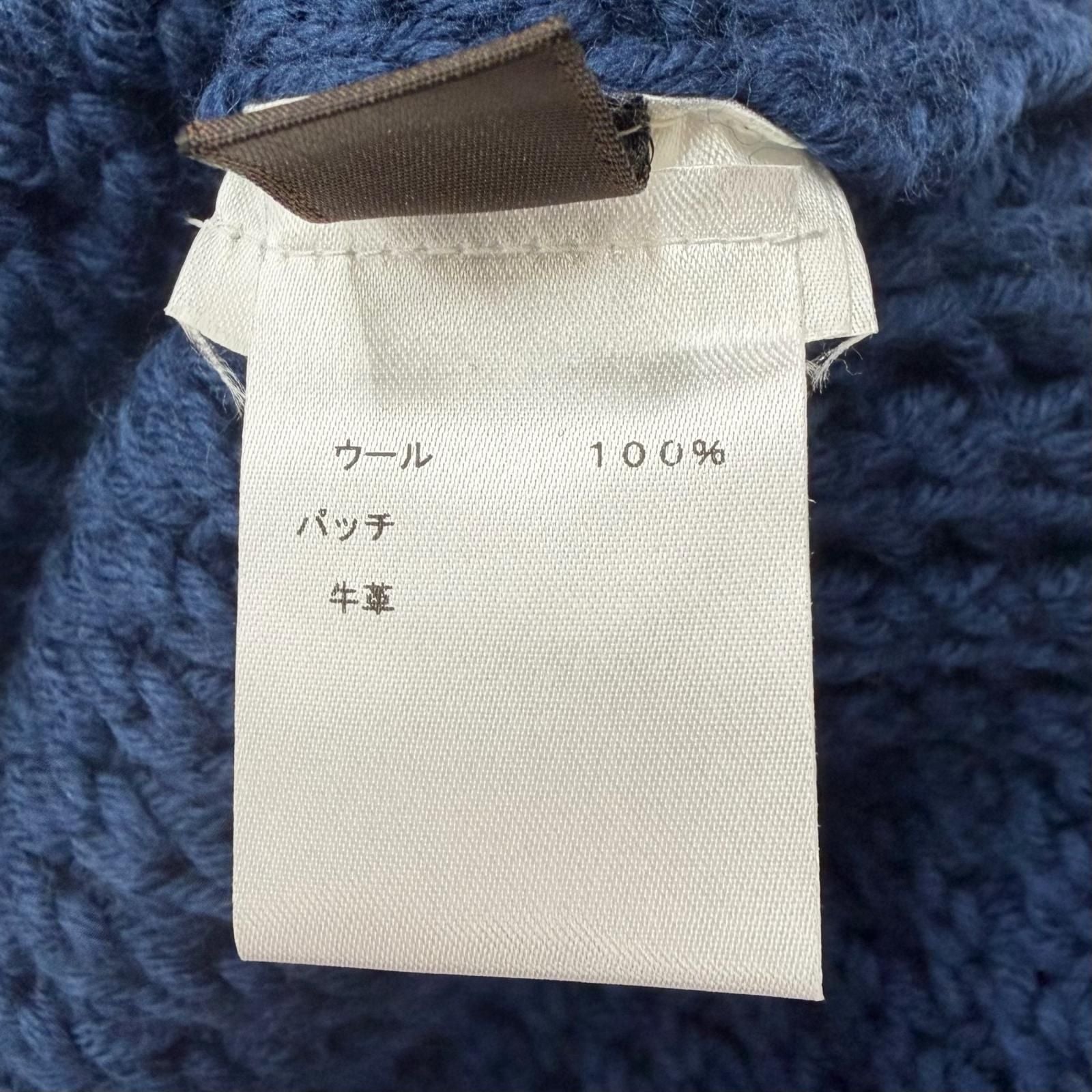 Louis Vuitton Wool Cowhide Waffle Knit Slit Gaston Leather Patch Neck Blue XL — view 8