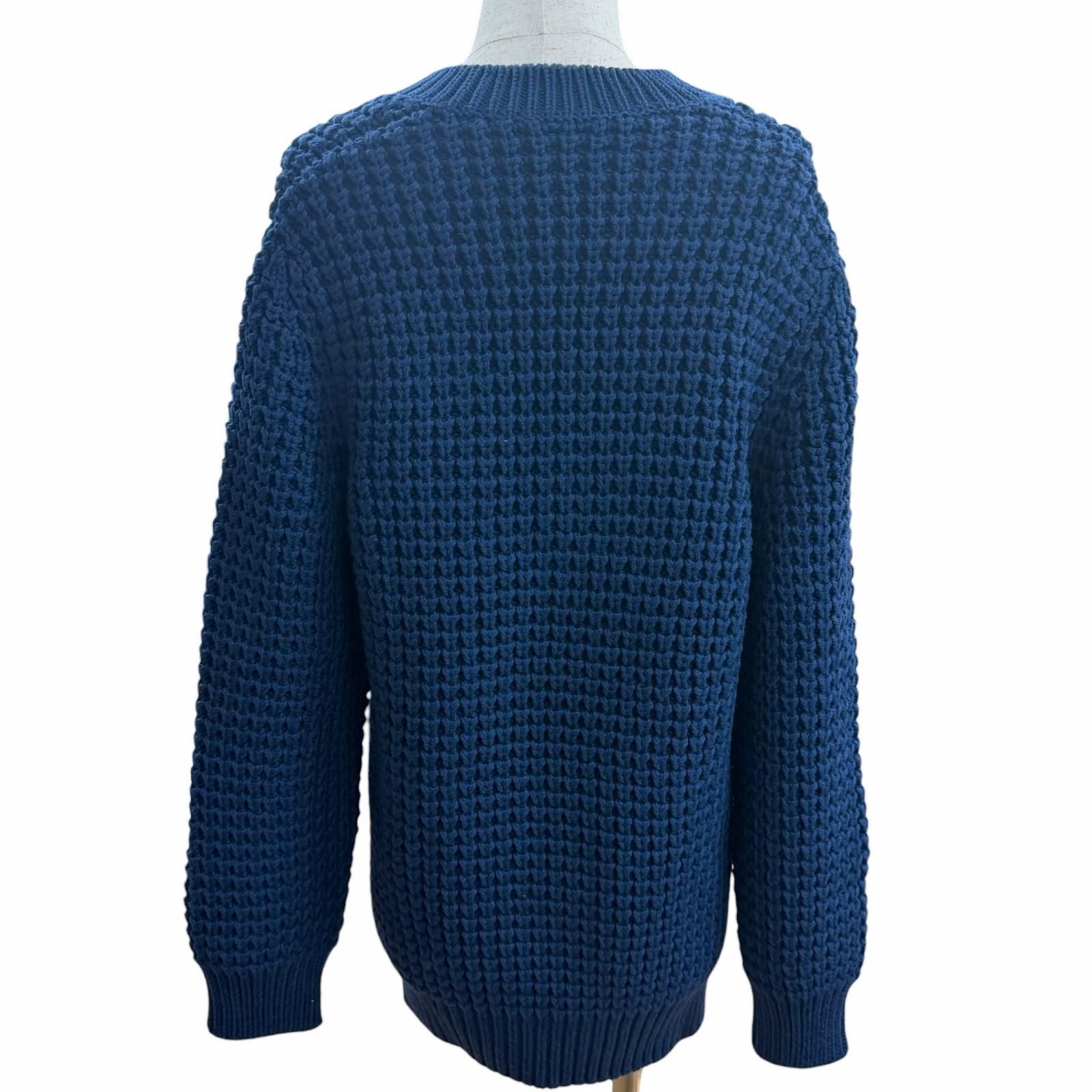 Louis Vuitton Wool Cowhide Waffle Knit Slit Gaston Leather Patch Neck Blue XL — view 4