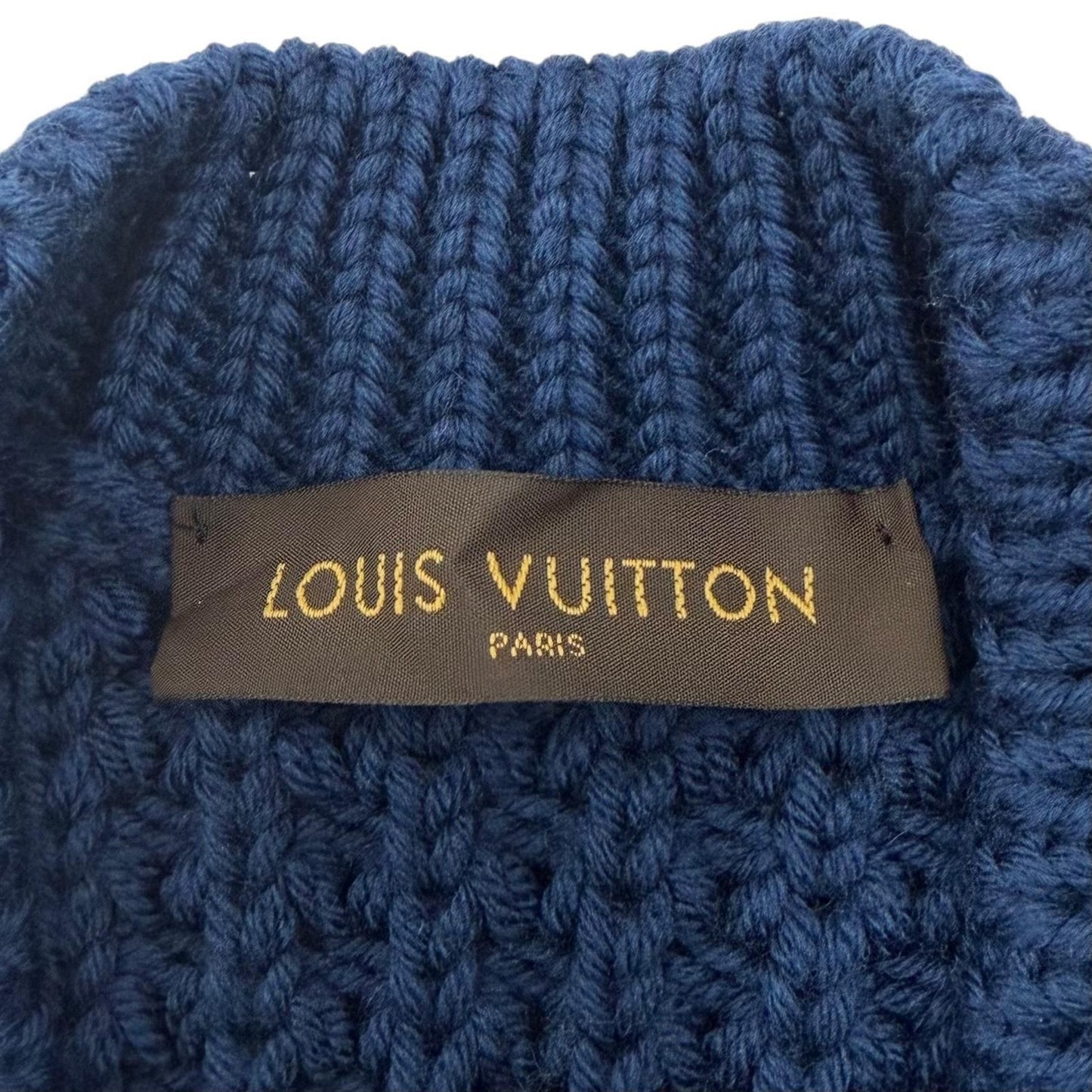 Louis Vuitton Wool Cowhide Waffle Knit Slit Gaston Leather Patch Neck Blue XL — view 6