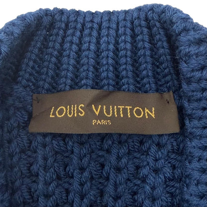 Louis Vuitton Wool Cowhide Waffle Knit Slit Gaston Leather Patch Neck Blue XL — view 6