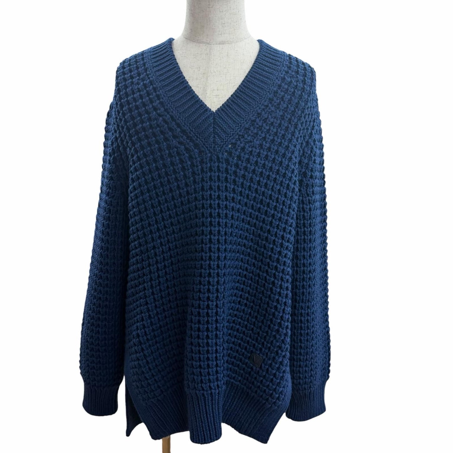 Louis Vuitton Wool Cowhide Waffle Knit Slit Gaston Leather Patch Neck Blue XL