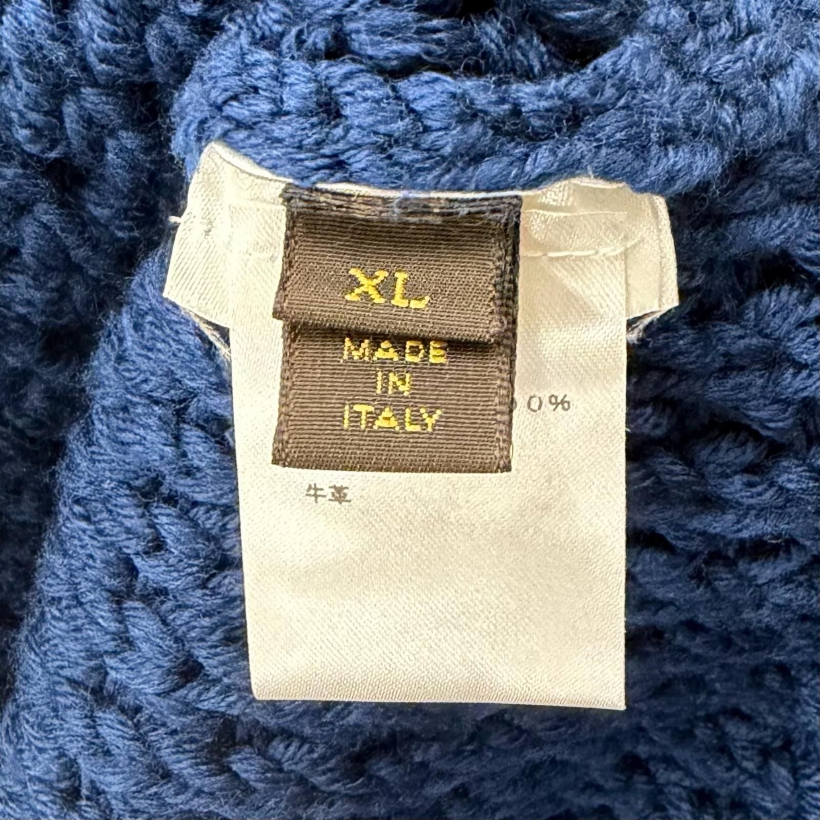 Louis Vuitton Wool Cowhide Waffle Knit Slit Gaston Leather Patch Neck Blue XL — view 7